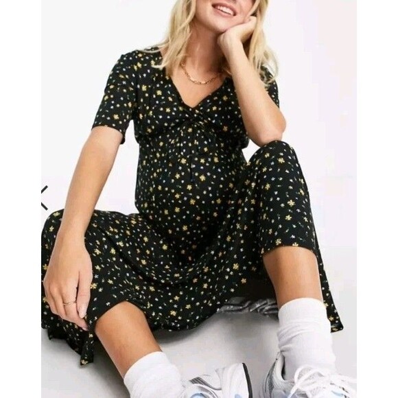 ASOS Maternity Dress Ditzy Floral Long V Tie Front 8 Black Yellow - Picture 16 of 16